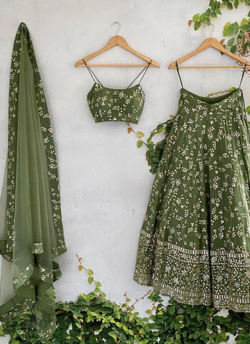 Designer Green Zari Work Georgette Lehenga For Women